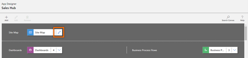 Select the pencil icon to open the site map designer