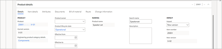 Product details for an engineering change order.