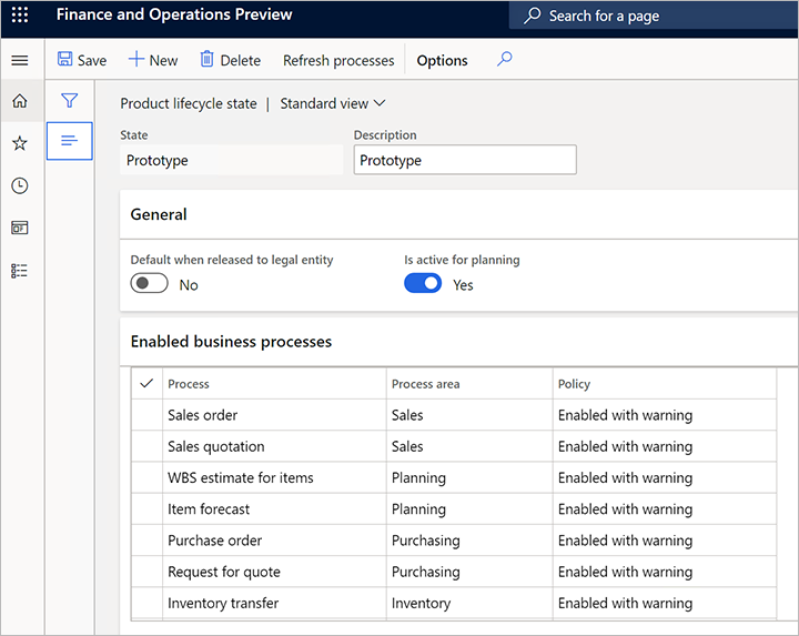 Enabling (with warnings) business processes for a lifecycle state.