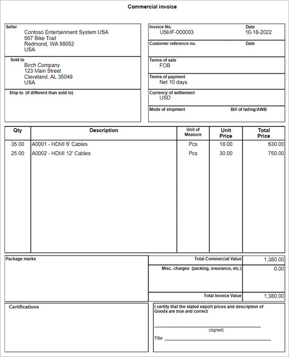 Example commercial invoice.