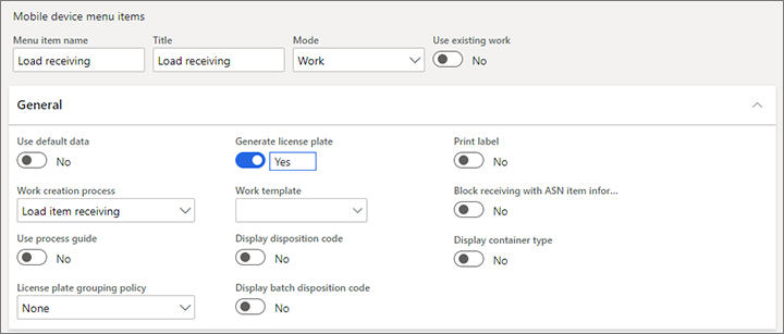 Mobile device menu item settings.