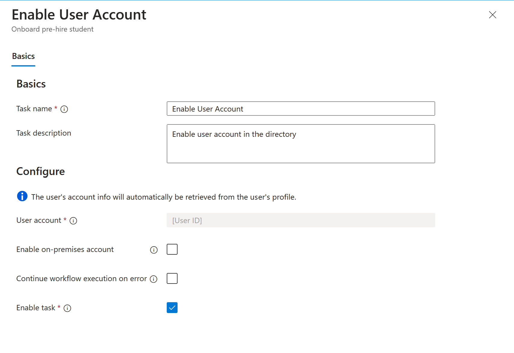 Screenshot of Workflows task: enable user account.