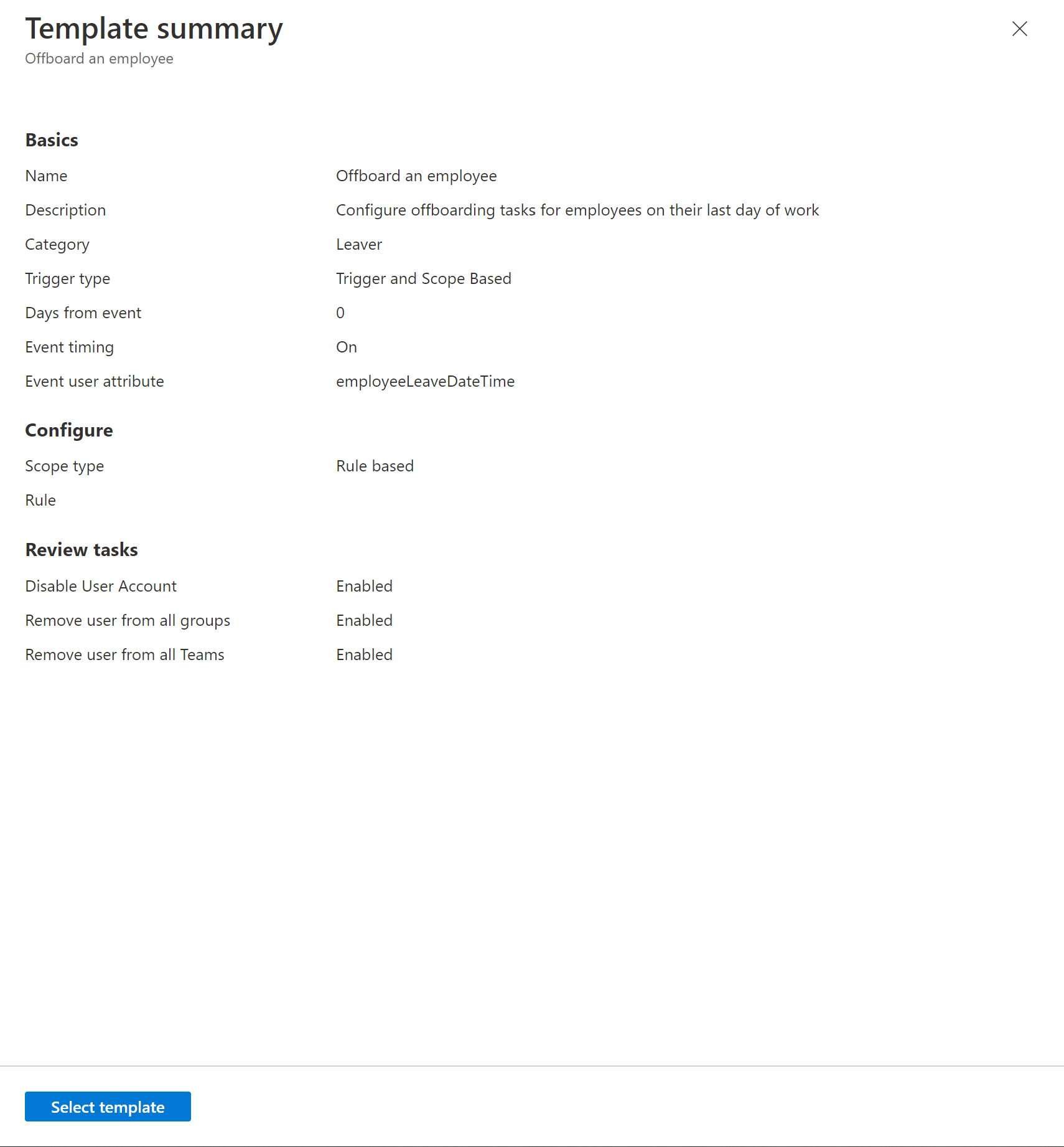 Screenshot of an offboard employee template lifecycle workflow.