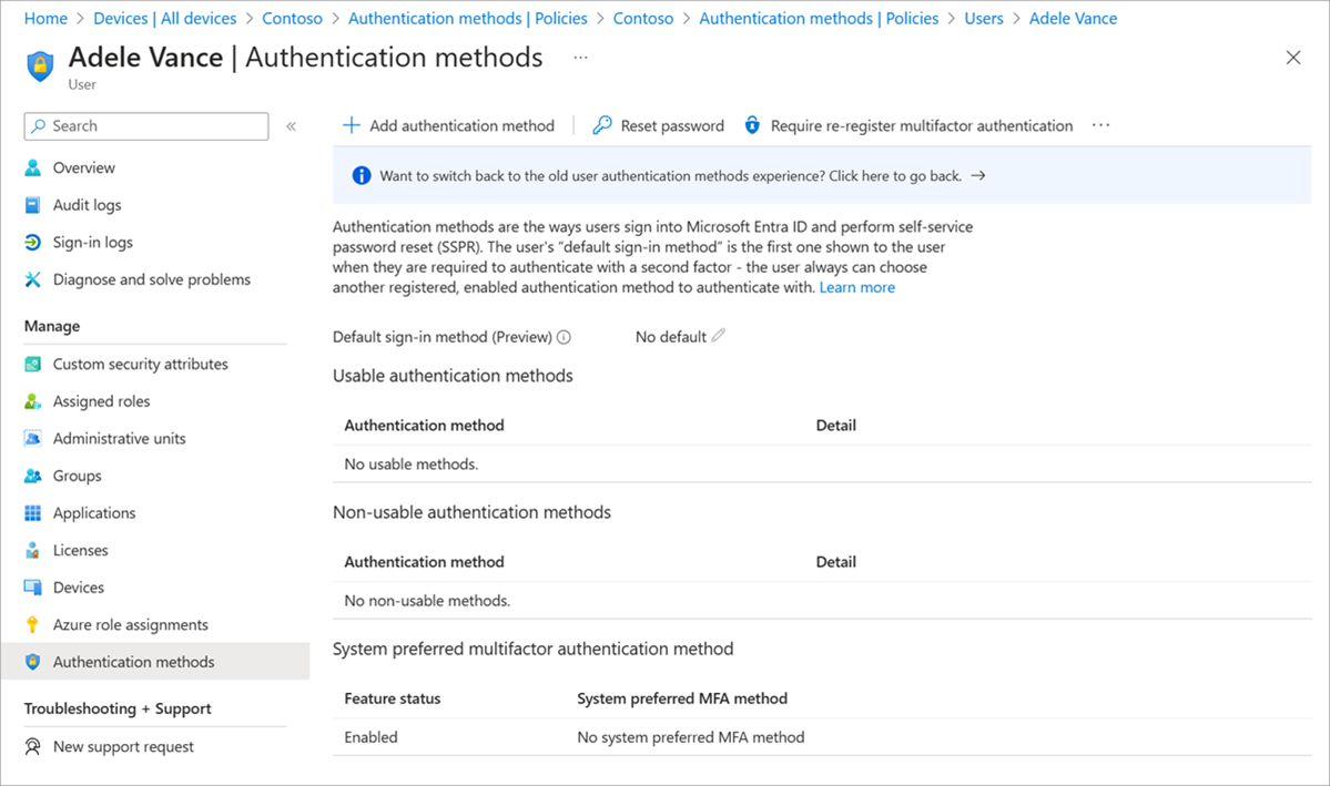 Screenshot of nonusable authentication methods.