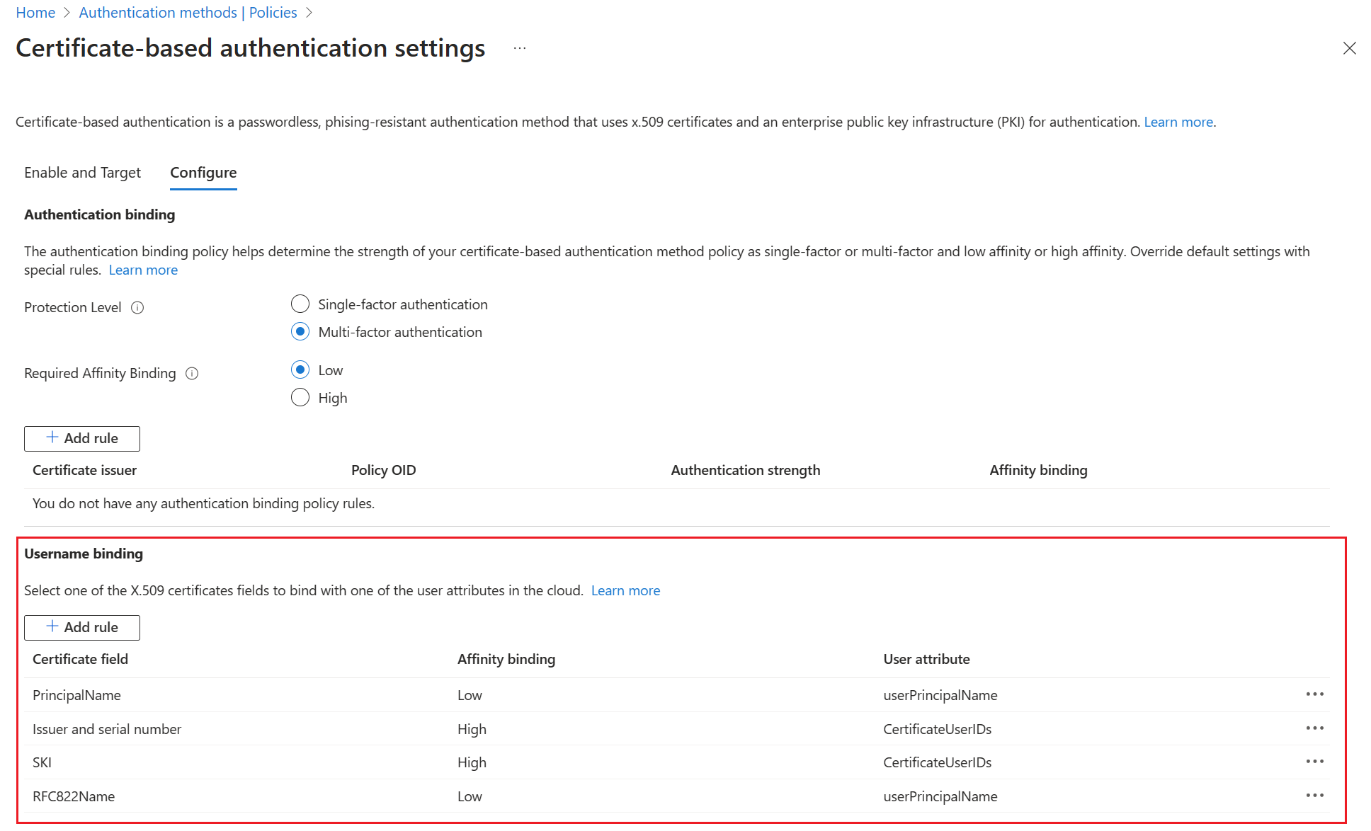 Screenshot of a username binding policy.