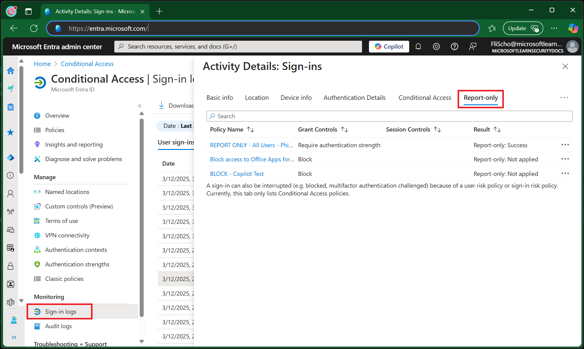 Screenshot showing the report-only tab in a sign-in log.