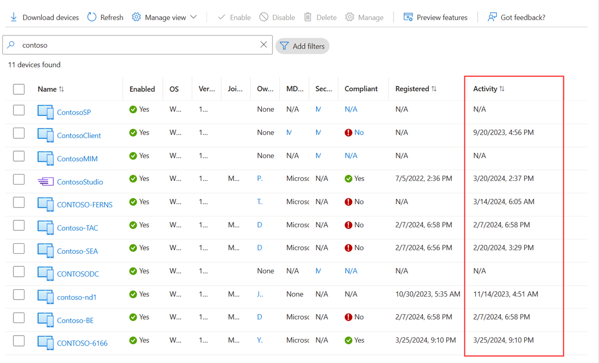 Screenshot listing the name, owner, and other information of devices. One column lists the activity time stamp.