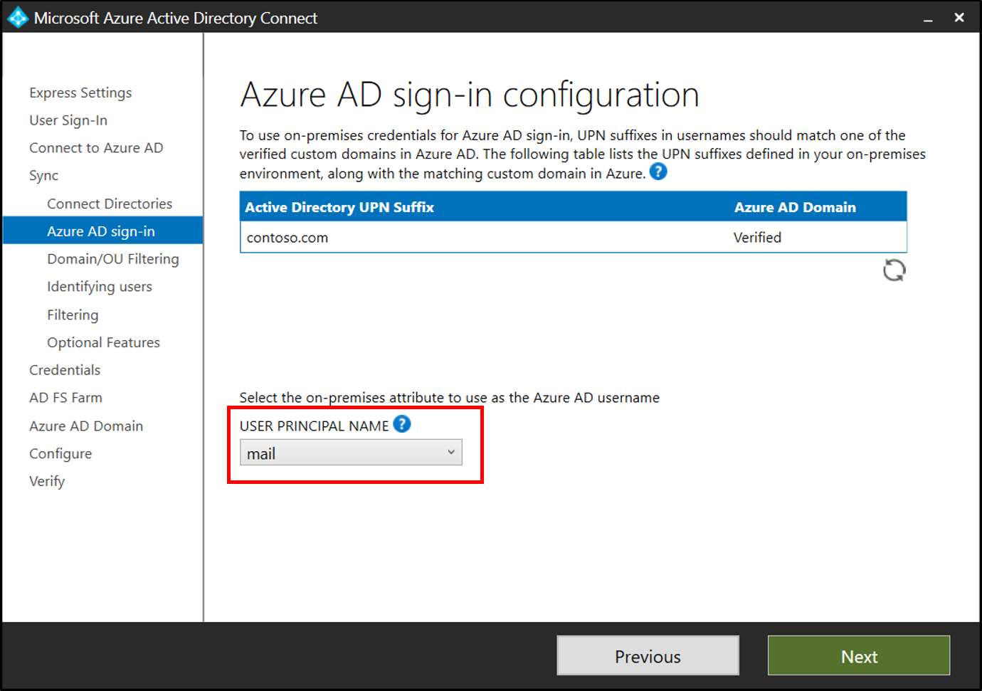 Screenshot that highlights User Principal Name list where you select the Alternate login ID attribute.