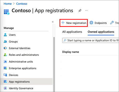 Screenshot that shows how to select a new application registration.