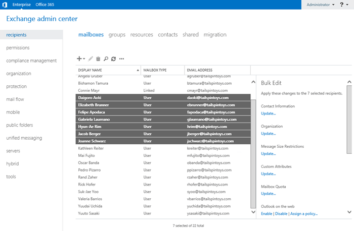 Bulk select mailboxes in the EAC.