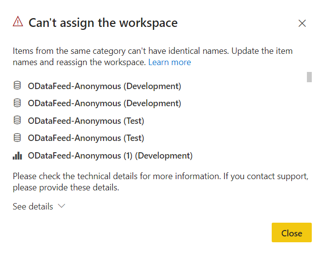 A screenshot of the *Can't assign the workspace* error message in deployment pipelines.