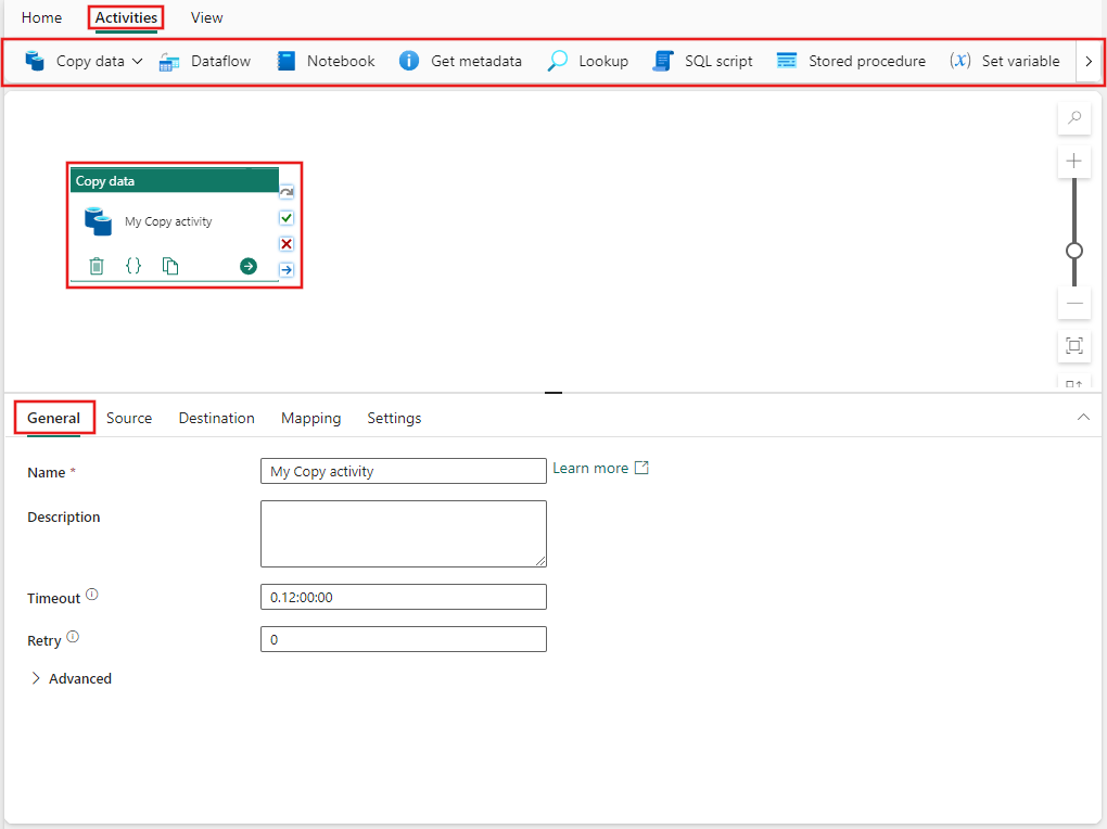 Screenshot showing the pipeline editor with the Activities tab, toolbar, a copy activity, and the General tab of its properties, all highlighted.