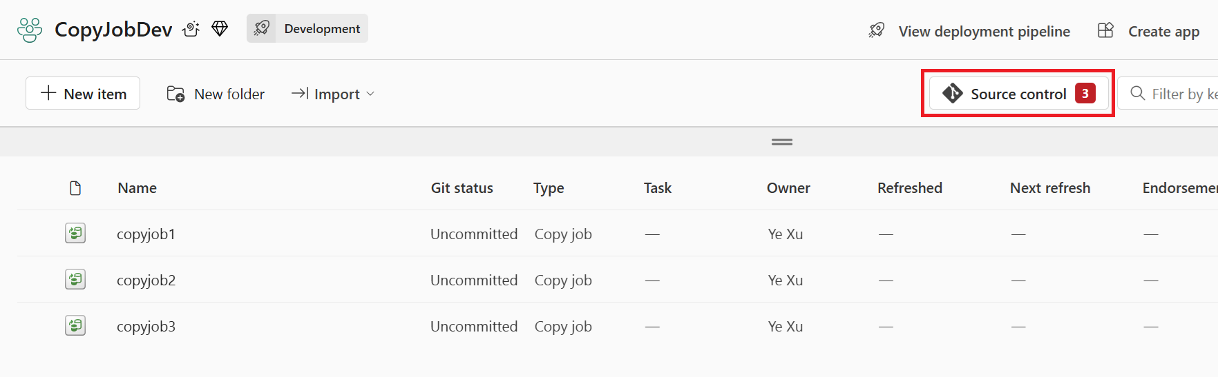 Screenshot showing the Fabric workspace with Git status and other details reported for Copy job.