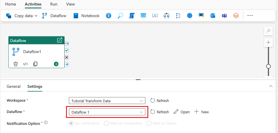 Screenshot showing how to choose the dataflow you created.