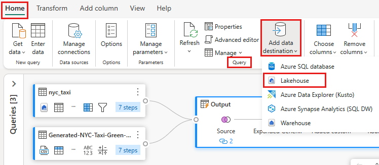 Screenshot showing the Add data destination button with Lakehouse highlighted.