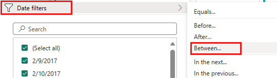 Screenshot showing the selection of the Date filters option in the column sort and format dropdown.