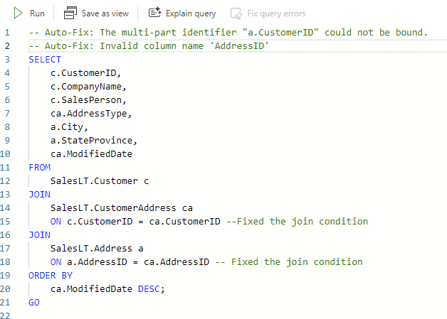 Screenshot from the Fabric portal showing comments added by Copilot to the T-SQL query.