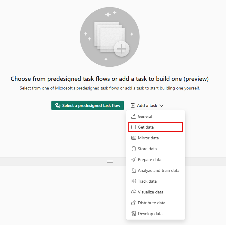 Screenshot showing the add-task drop-down selector on the task flow canvas.