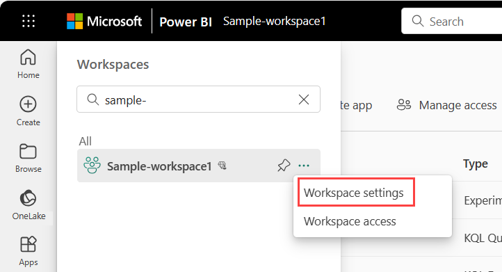 Screenshot showing Open workspace settings in the nav pane.