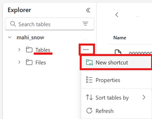 Screenshot showing shortcut creation menu item under Tables.
