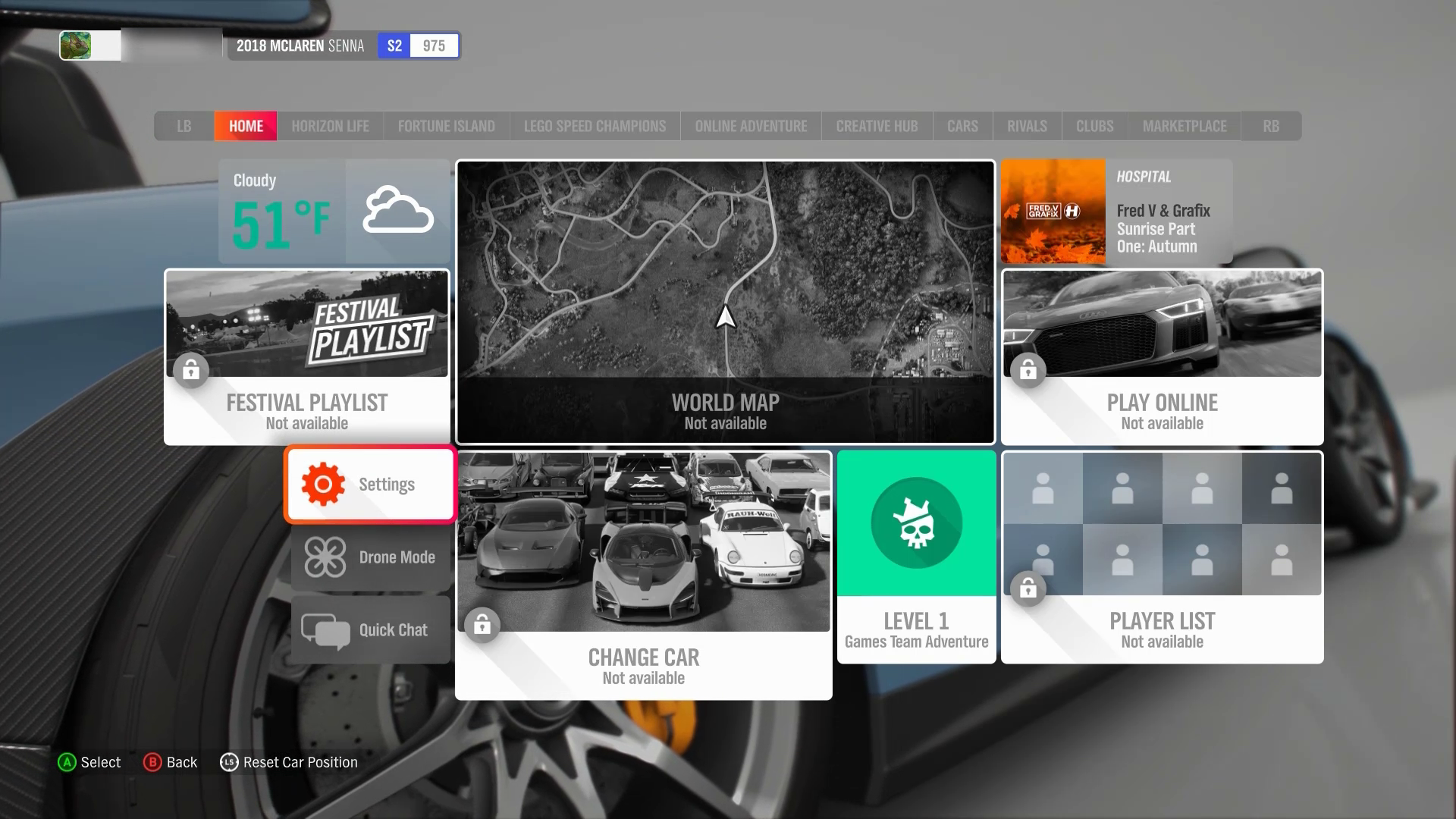 A screenshot of the main menu in Forza Horizon 4.  