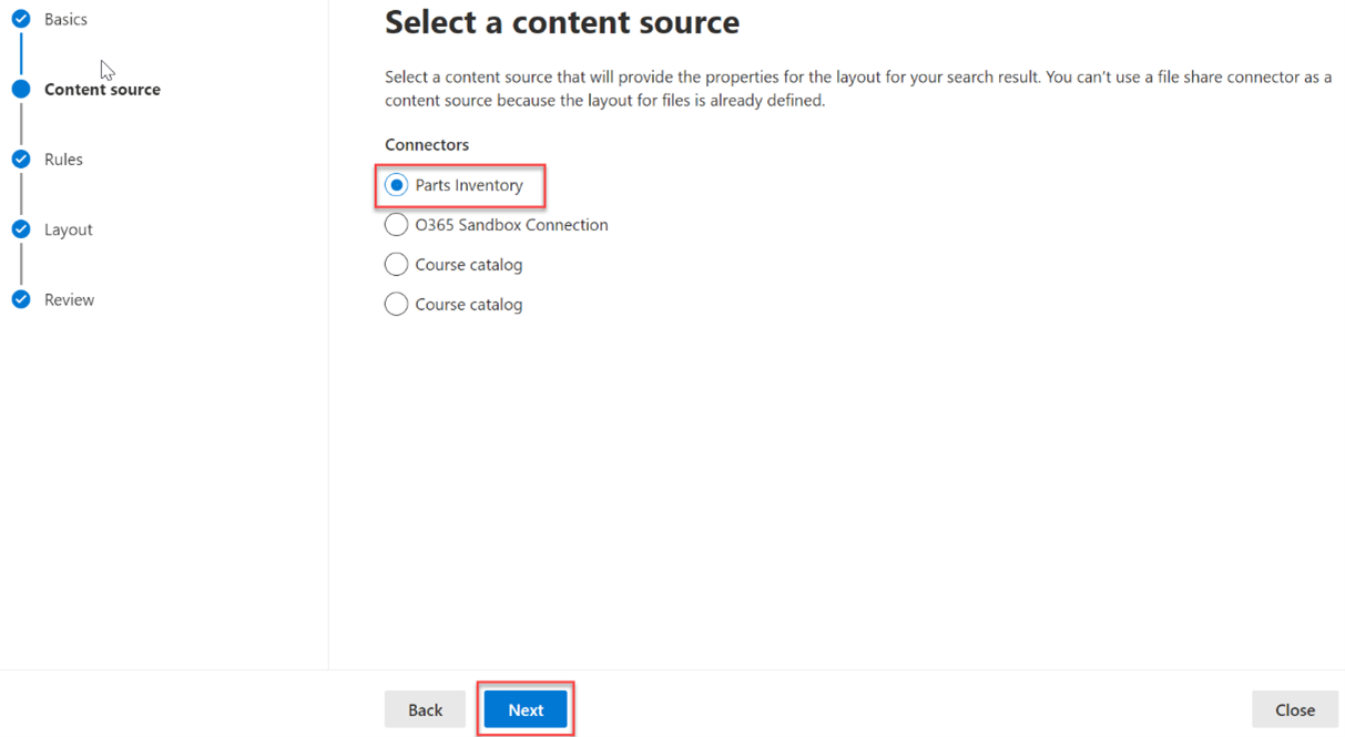 Screenshot of the "Select a content source" section with "Parts Inventory" connector selected as the content source