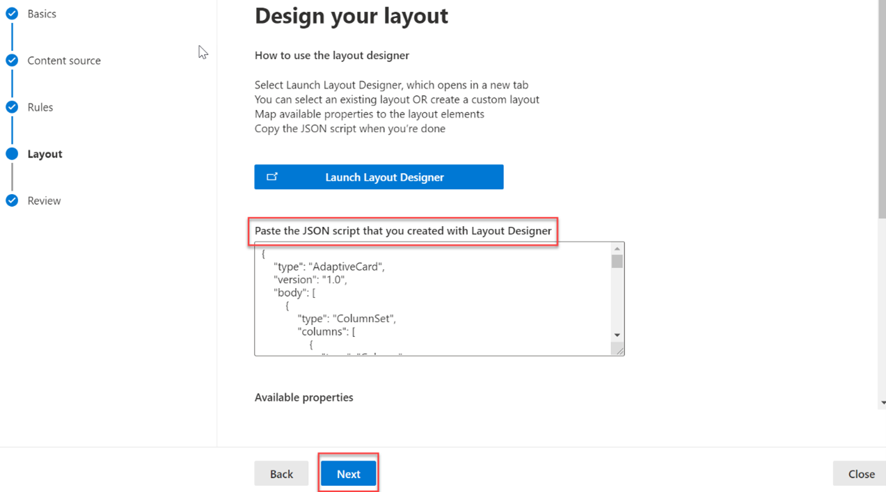 Screenshot of the "Design layout" section with the JSON pasted