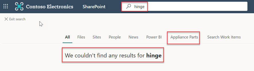 Example of search results for the word hinge on the Appliance Parts tab.