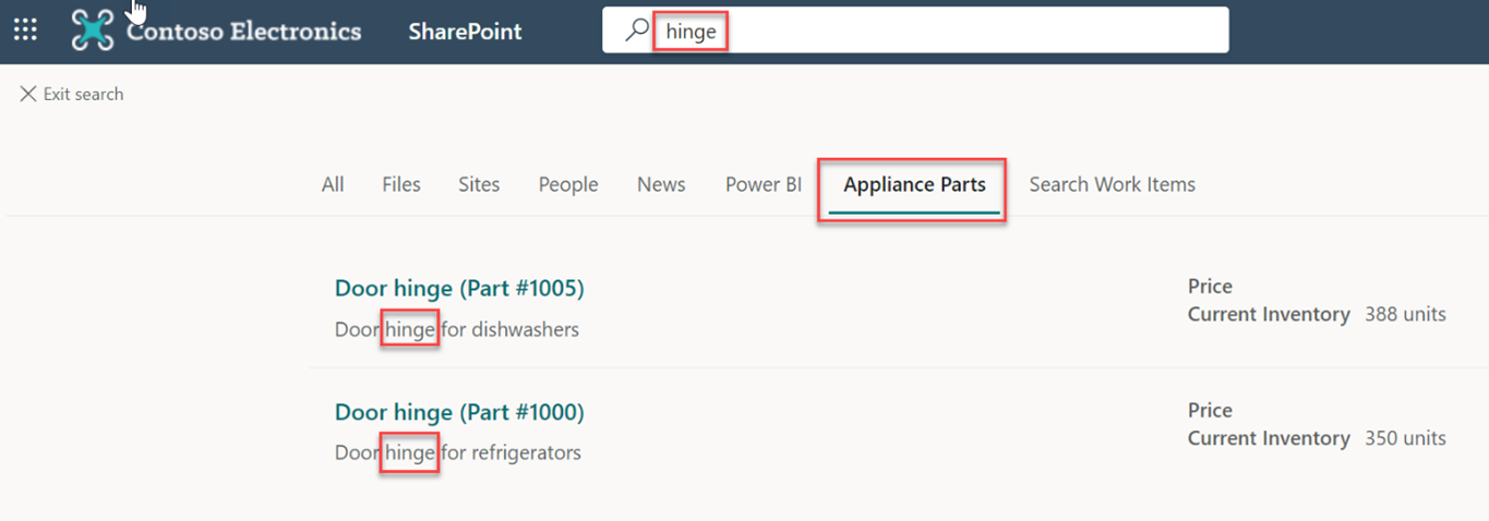 Example of search results for the word hinge with results showing on the Appliance Parts tab.