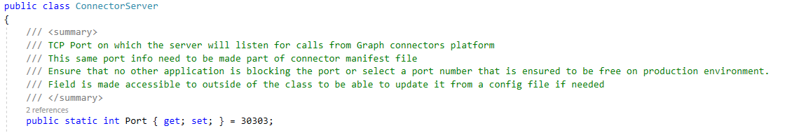 Screenshot of the ConnectorServer.cs file showing the port location