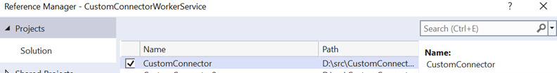 Screenshot of the Reference Manager showing CustomConnector selected