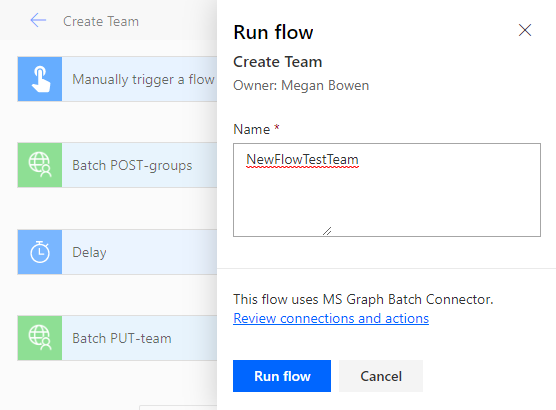 A screen shot of the Run flow dialog