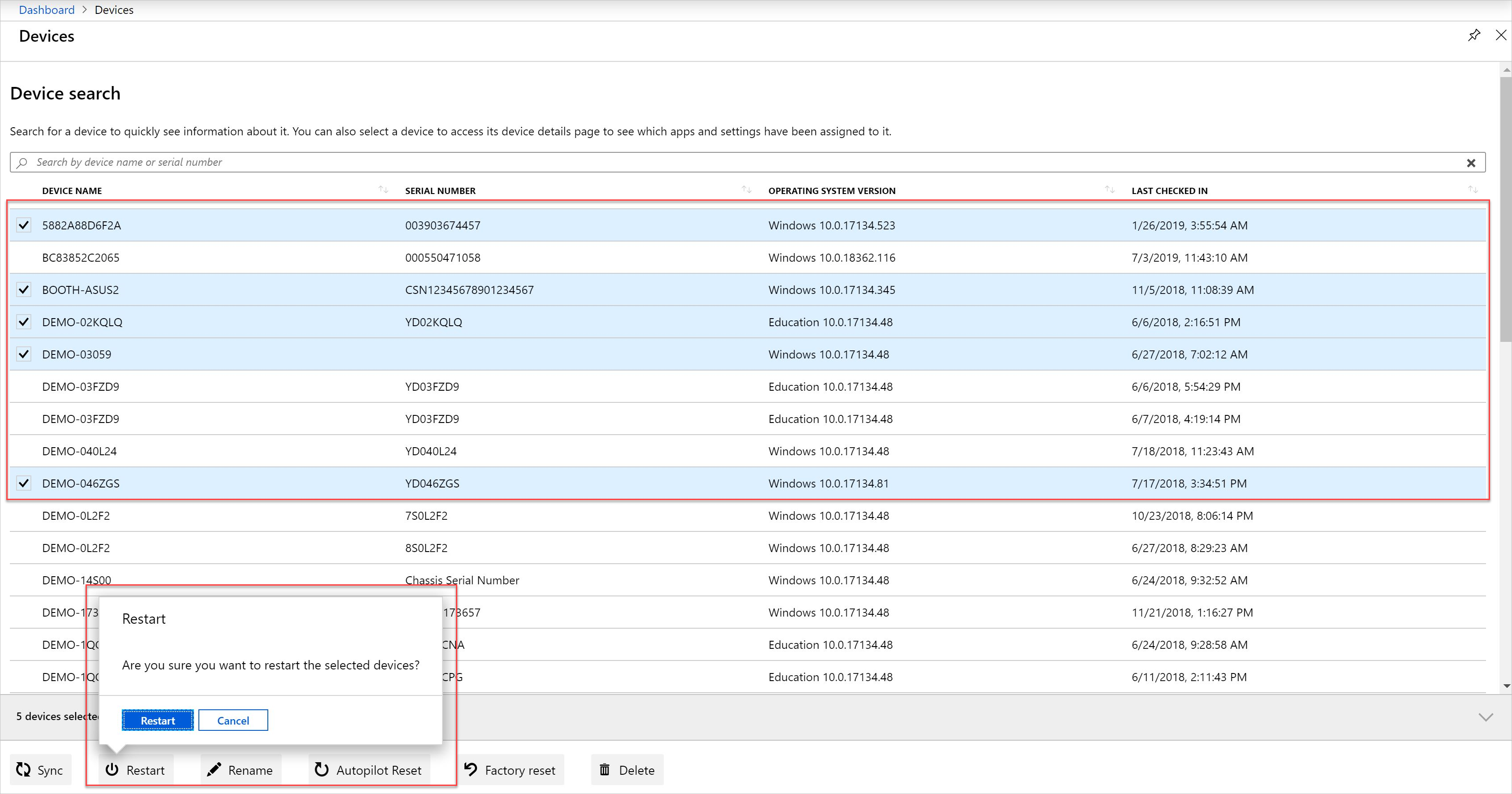 Example screenshot showing several devices selected, with bulk action confirmation.