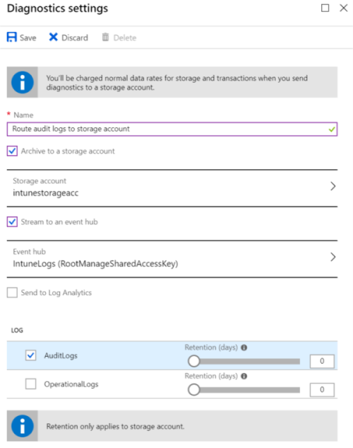 Screenshot that shows how to send Microsoft Intune audit logs to an Azure Storage account.