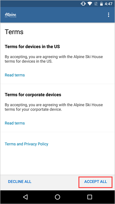 Screenshot of the Company Portal, Terms screen, highlighting "Accept all" button.