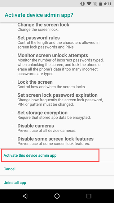 Screenshot of the Activate device administrator screen, highlighting the activate button.