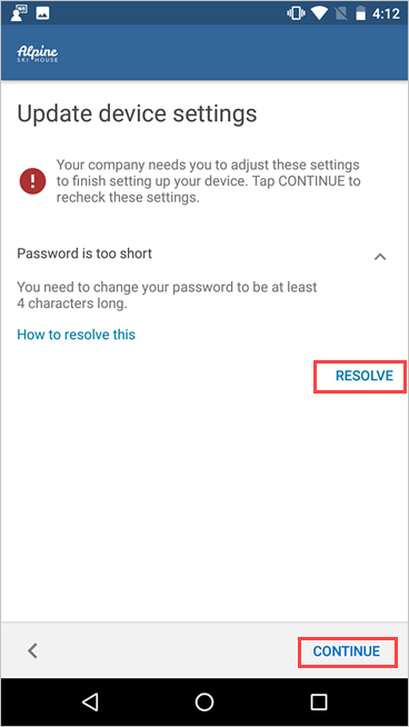 Screenshot of Company Portal, Update device settings, highlighting Resolve and Continue buttons.