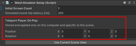 A screenshot of the Mesh Emulator Setup component with the Teleport Player on Play section highlighted.