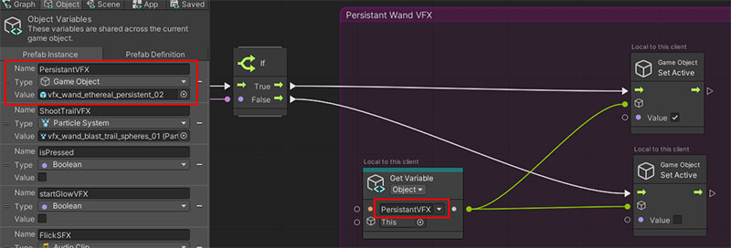 A screen shot of the set active node with the value of the boolean that triggers the particle effect set to true.