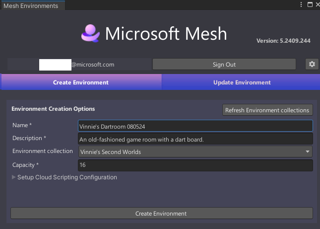 A screenshot of the Mesh Uploader window in the Create Environment tab