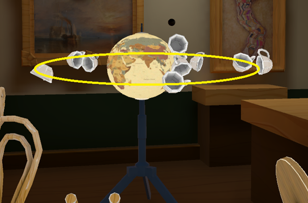 Screen shot of a gravity field causing cups to orbit around a globe like satellites.