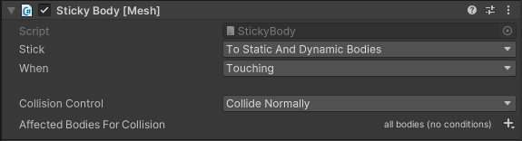 Screen shot of the Sticky Body script options in the Inspector.