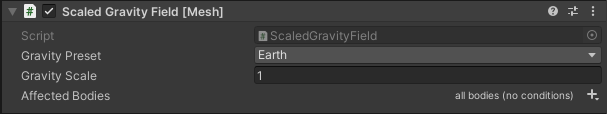 Screen shot of the Antigravity Field script options in the Inspector.