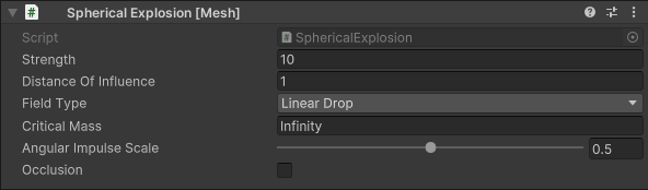 Screen shot of the Spherical Explosion script options in the Inspector.