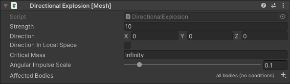 Screen shot of the Directional Eplosion script options in the Inspector.