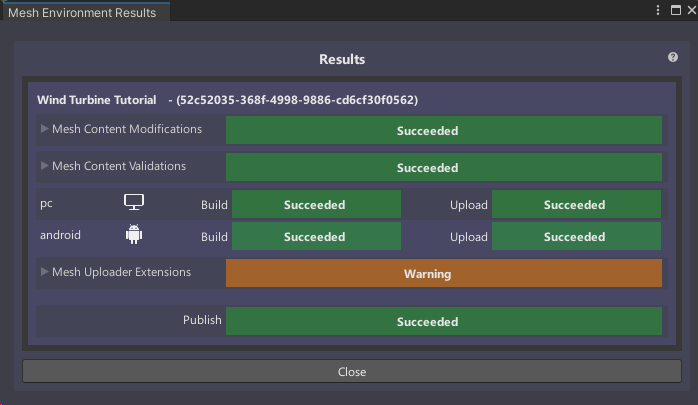 A screenshot of build and publish results post upload of an environment