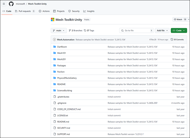 A screen of the Mesh Toolkit Unity repository on Github.