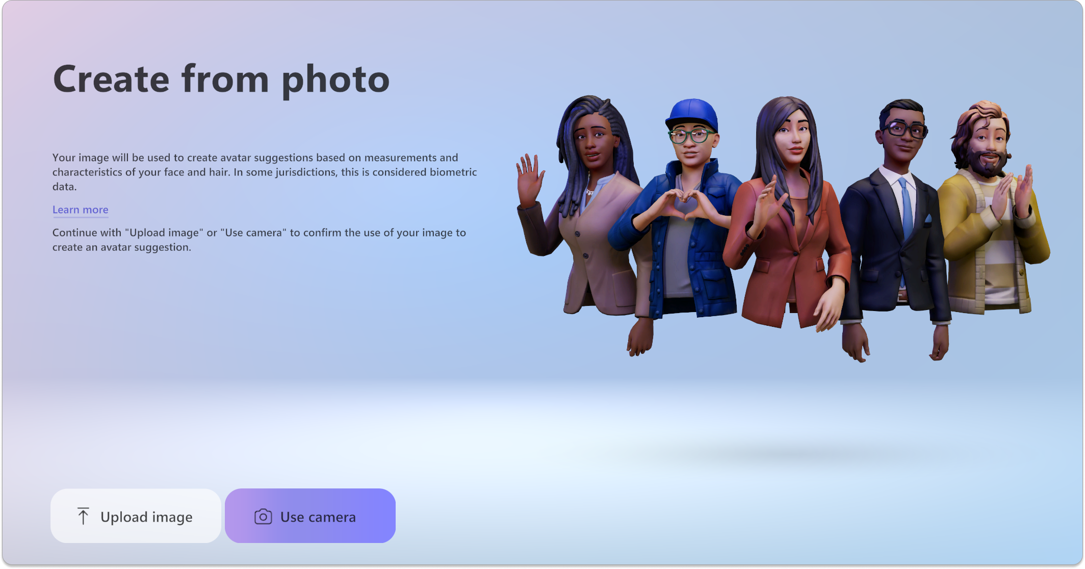 Screenshot of the Avatars app showing the ability to create an avatar from an uploaded photo or from a photo taken using your webcam.