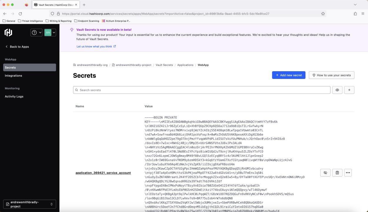 Hashicorp Vaults dashboard.