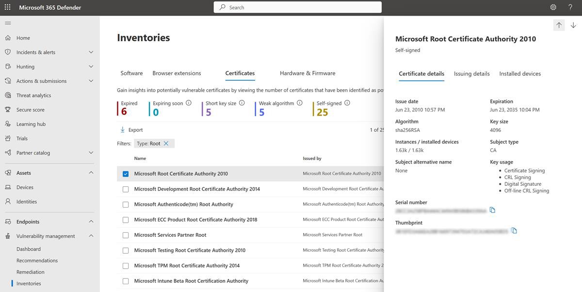 Microsoft Defender inventories page.